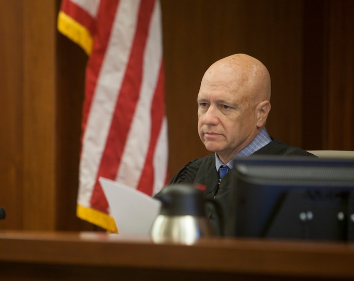 (Chris Caldwell  |  Pool Photo)  Judge Paul Dame during the detention hearing and initial appearance for the 16-year-old boy accused of bringing a bomb to Pine View High School Wednesday, March 28, 2018.