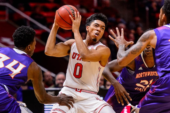 (Trent Nelson | The Salt Lake Tribune)  Utah Utes guard Sedrick Barefield (0) as the University of Utah hosts Northwestern State, NCAA basketball in Salt Lake City, Wednesday December 20, 2017.