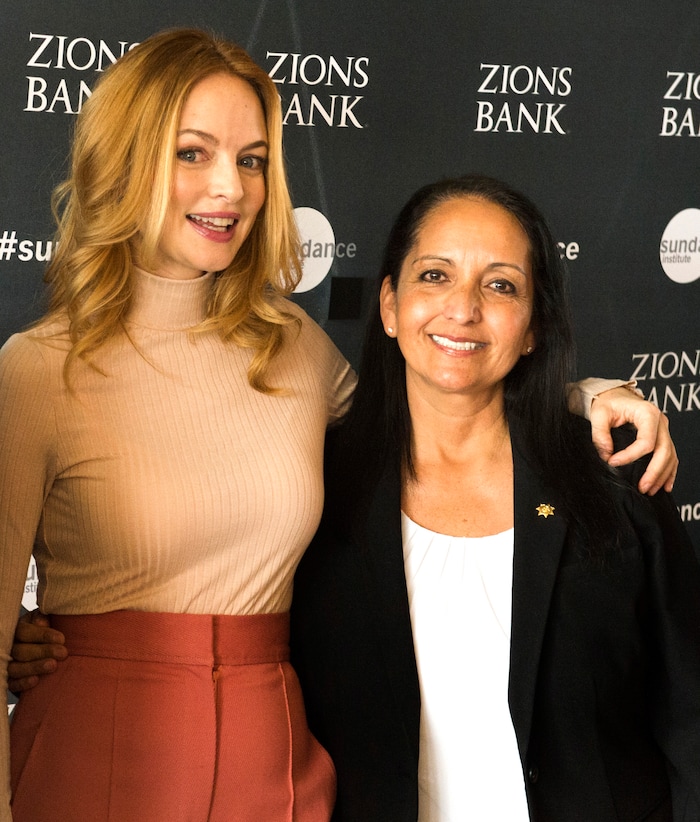(Rick Egan  |  The Salt Lake Tribune)    Heather Graham with Salt Lake County Sheriff Rosie Rivera. Rivera received an award for her leadership, at the 2018 Sundance Film Festival Utah Women’s Leadership Celebration in Park City on Thursday, Jan. 25, 2018.