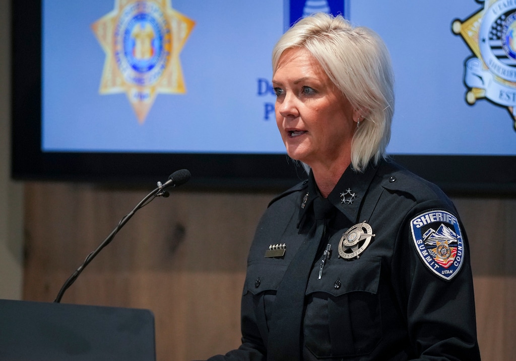 (Bethany Baker | The Salt Lake Tribune) Summit County Sheriff Kacey Bates speaks during a press conference in Park City on Tuesday, Oct. 27, 2026 — to announce the formal closure of the cold case murder investigation of Melissa Ann Smith, attributing the killing to serial killer Ted Bundy.