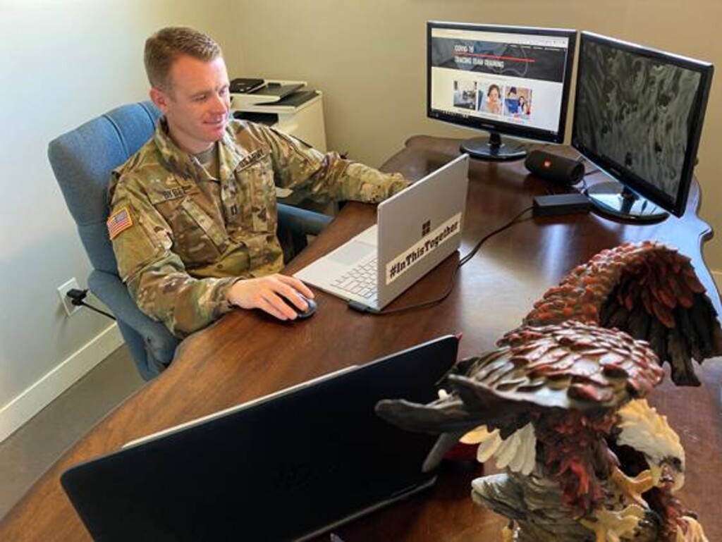 (Photo courtesy Utah National Guard) Capt. Aaron Bybee, commander of the 142nd Military Intelligence Battalion’s Alpha Company, is working from home to help the Utah Department of Health conduct contract tracing of people who may have been infected by the coronavirus.