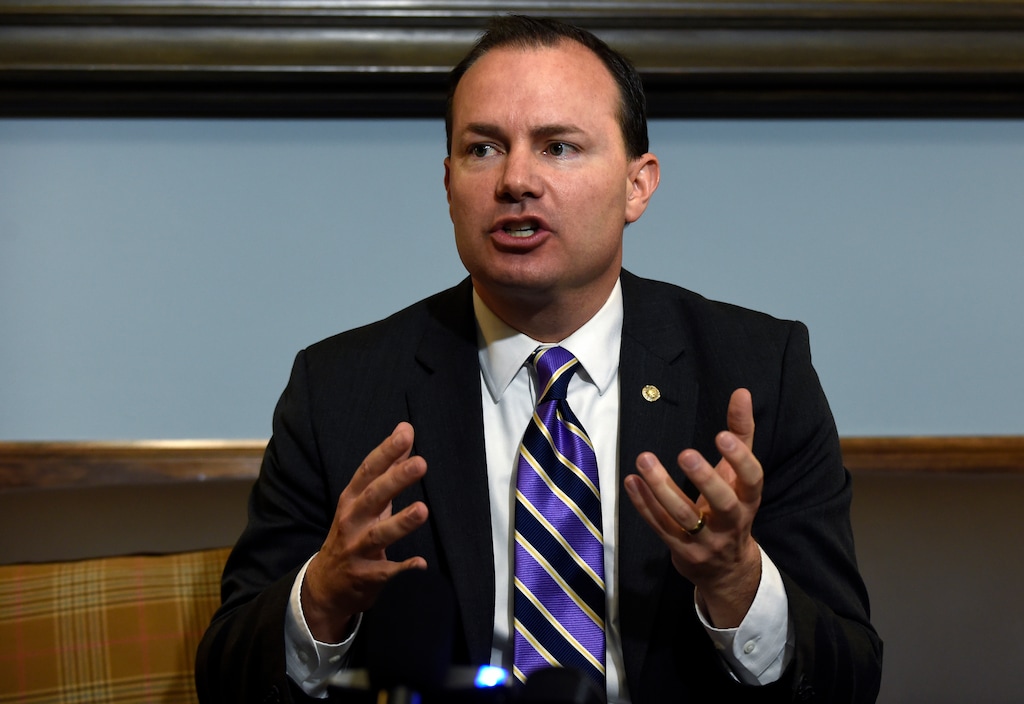 Sen. Mike Lee, R-Utah speaks during a conference call in his Capitol Hill office in Washington, Wednesday, June 3, 2015, with representatives from religious non-profits who are concerned about how the Supreme Court's upcoming gay marriage decision will affect their institutions, and members of the media. (AP Photo/Susan Walsh)