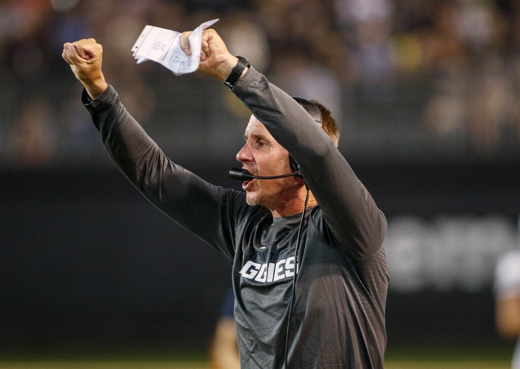 (Nell Redmond | AP) Utah State coach Gary Andersen gestures during the second half of the team's NCAA college football game against Wake Forest in Winston-Salem, N.C., Friday, Aug. 30, 2019. Wake Forest won 38-35.