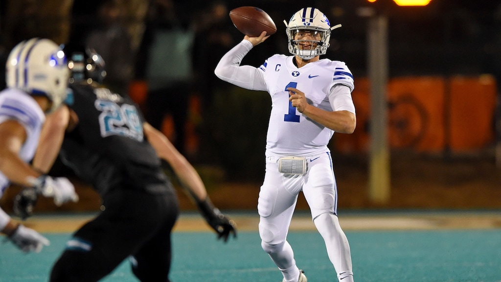 BYU quarterback Zach Wilson drops back to pass during the first half of an NCAA college football game against Coastal Carolina, Saturday, Dec. 5, 2020, in Conway, S.C. (AP Photo/Richard Shiro)