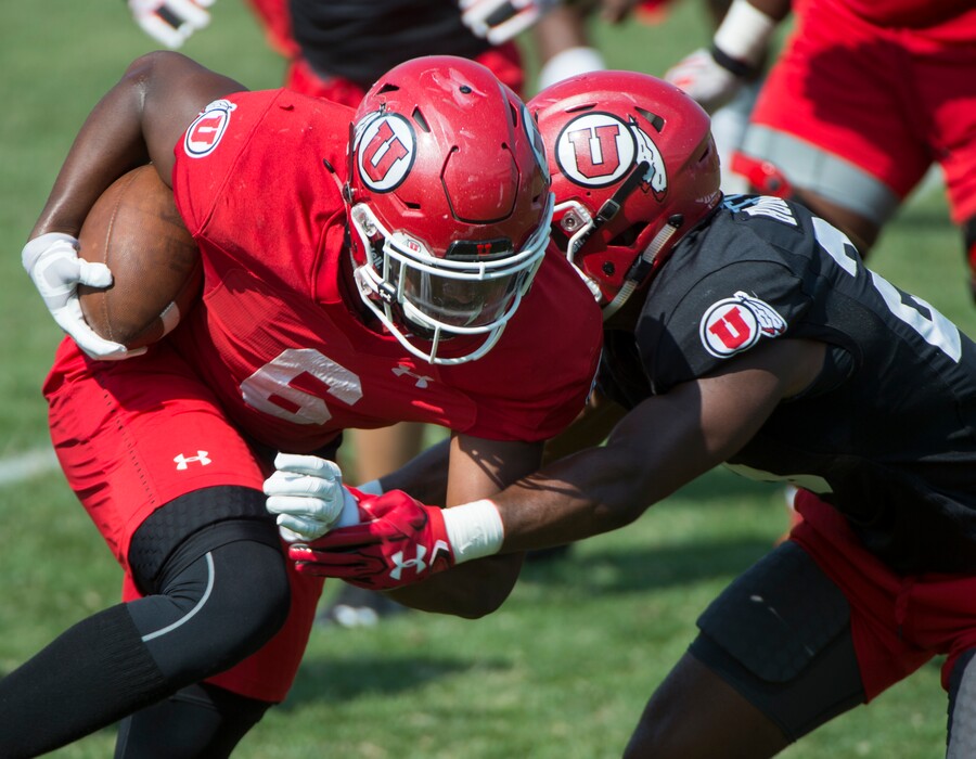 (Rick Egan  |  The Salt Lake Tribune)  Utah running back Armand Shyne (6) runs the ball, during practice, Wednesday, Aug. 15, 2018.