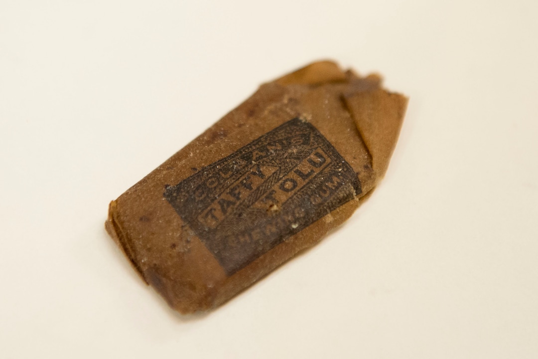 (Jeremy Harmon  |  The Salt Lake Tribune) This piece of Colgan's Taffy Tolu chewing gum was found inside a time capsule that was buried in the corner stone of Ogden Academy on September 27, 1887. Items from the time capsule were displayed at the Utah State Archives on Wednesday, Oct. 16, 2019.