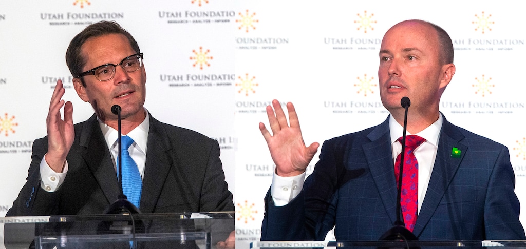 (Rick Egan  |  The Salt Lake Tribune)     Gubernatorial candidates Chris Peterson and Spencer Cox both spoke at the Utah Foundation Anniversary Luncheon at the Grand America Hotel on Thursday, Sept. 17, 2020.