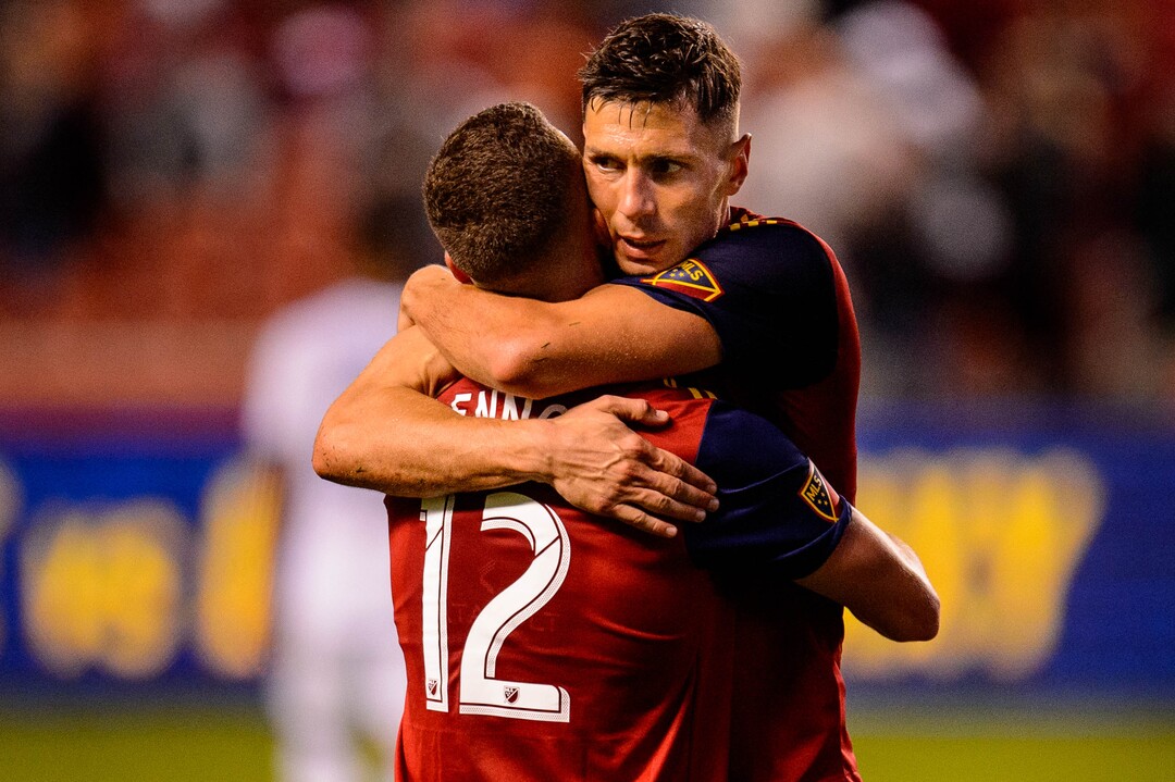 (Trent Nelson  |  The Salt Lake Tribune)  Real Salt Lake forward Brooks Lennon (12) and Real Salt Lake midfielder Damir Kreilach (8) embrace after the game as Real Salt Lake hosts the San Jose Earthquakes, MLS soccer at Rio Tinto Stadium in Sandy on Wednesday Sept. 11, 2019.
