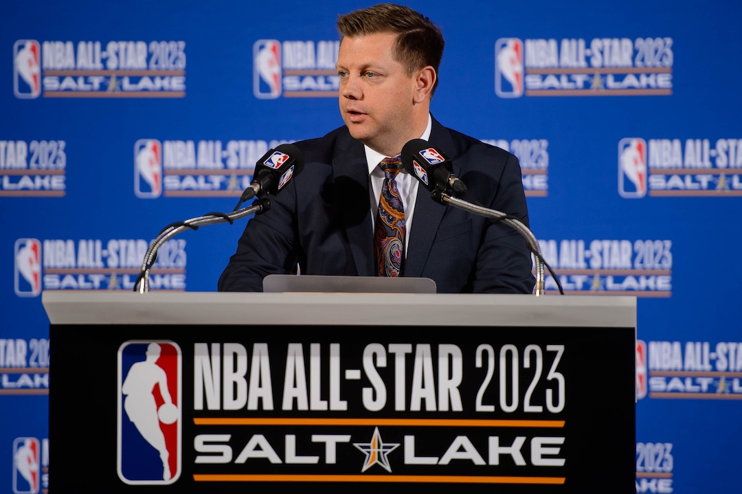 (Trent Nelson  |  The Salt Lake Tribune)Steve Starks speaks as the Utah Jazz and NBA announce that Salt Lake City will host the 2023 NBA All-Star Game. Wednesday Oct. 23, 2019.