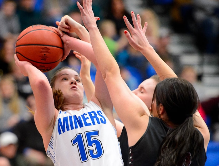 (Trent Nelson | The Salt Lake Tribune)  Bingham's Maggie McCord (15) shoots as Bingham faces Northridge in the 6A High School Girls' Basketball Tournament at SLCC in Taylorsville, Thursday Feb. 22, 2018.