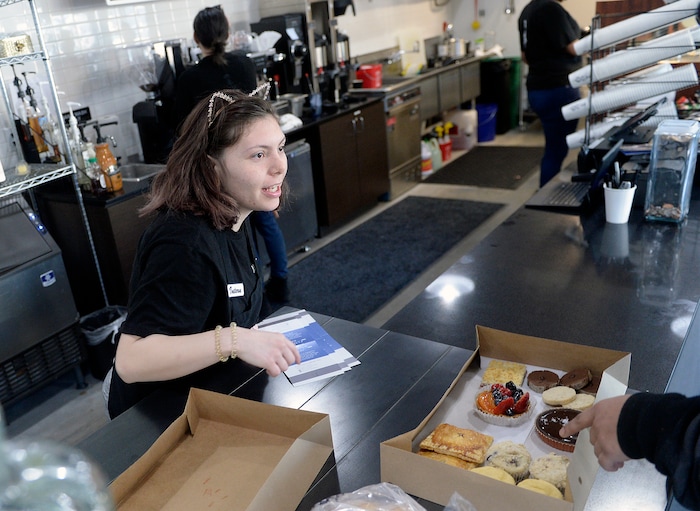 (Al Hartmann  |  The Salt Lake Tribune) 	
Hope Jones, 19, works the counter in the newly opened Maud's Cafe, 422 W. 900 South, Salt Lake City  The cafe-coffee shop gives youth living at VOA's shelter a chance to gain work experience and a little money before taking on the world. Jones has completed her training to be a certified nurse assistant.