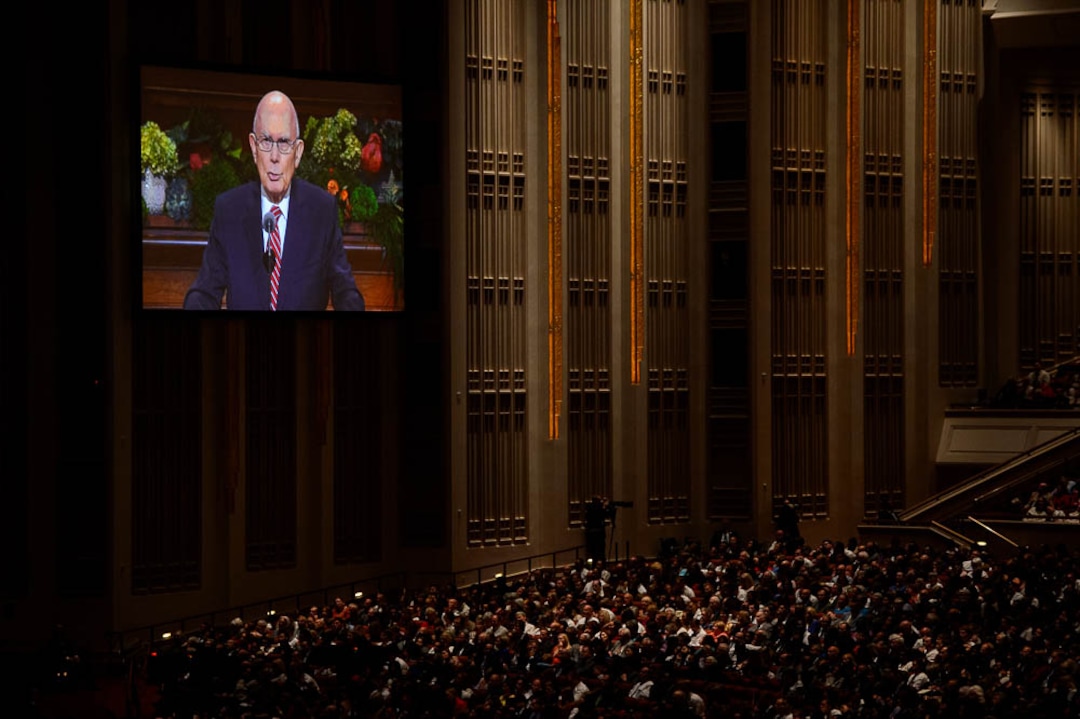 (Trent Nelson  |  The Salt Lake Tribune)  President Dallin H. Oaks speaks during the afternoon session of the189th Annual General Conference of The Church of Jesus Christ of Latter-day Saints in Salt Lake City on Sunday April 7, 2019.