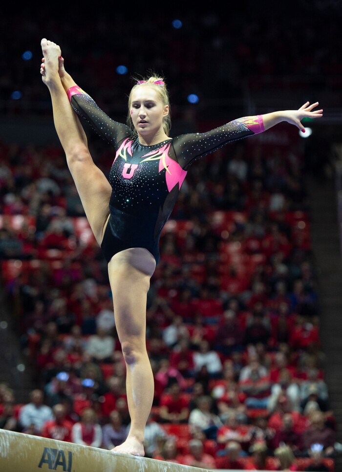 (Rick Egan  |  The Salt Lake Tribune)  Shannon McNatt competes on the balance beam, in PAC-12 Gymnastics action between the Utes and The California Golden Bears, in the Jon M. Huntsman Center, in Salt Lake City, Saturday, Feb. 9, 2019. 