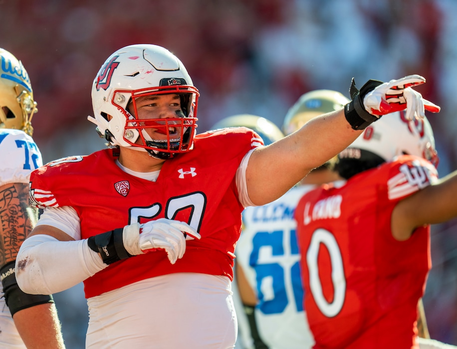 (Rick Egan | The Salt Lake Tribune)  Utah Utes defensive tackle Keanu Tanuvasa (57) points into the crowd after a big play against the UCLA Bruins at Rice-Eccles Stadium on Sept. 23, 2023. Tanuvasa will transfer to BYU to play next season, according to reports.