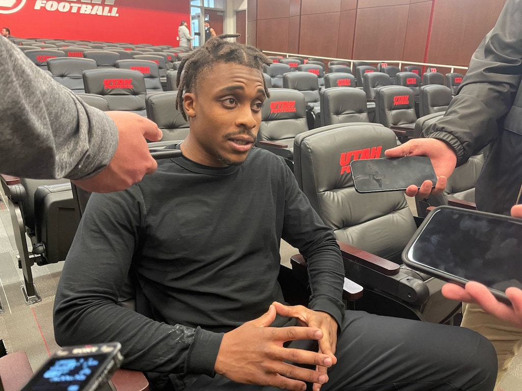 (Alex Vejar | The Salt Lake Tribune) Florida transfer Mohamoud Diabate, a senior linebacker, talks with reporters on Thursday, March 31, 2022 at the University of Utah football practice facility.
