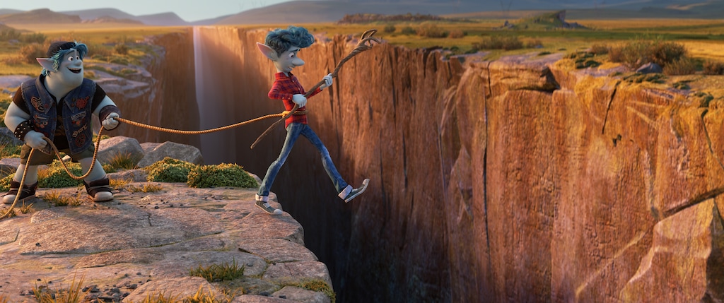 (Image courtesy of Disney/Pixar)  Ian, right (voiced by Tom Holland), takes a leap of faith, aided by his brother Barley (voiced by Chris Pratt) in the adventure "Onward."