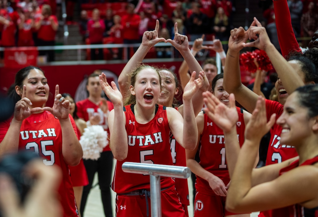 (Rick Egan | The Salt Lake Tribune) The Utah Utes their win over the Stanford Cardinals in PAC-12 action between the Utah Utes and the Stanford Cardinals, at the Jon M. Huntsman Center, on Saturday, Feb. 25, 2023.