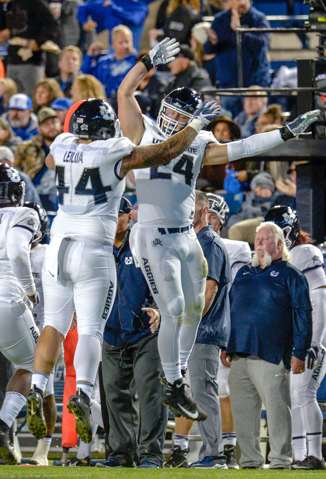 Leah Hogsten  |  The Salt Lake Tribune  Utah State Aggies defensive end Fua Leilua (44) celebrates with Utah State Aggies defensive end Dalton Baker (24)  BYU hosts Utah State University at Lavell Edwards Stadium in Provo, Friday, Oct. 5, 2018.