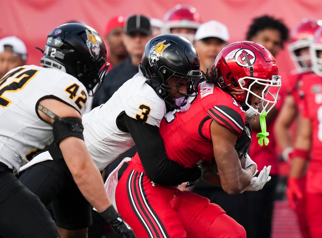 (Bethany Baker  |  The Salt Lake Tribune) Idaho Vandals defensive back Hysan Dalton (3) tackles Utah Utes wide receiver Ricky Johnson (11) as Idaho Vandals linebacker Ryder Bordner (42) assists during the first half of the game between the Utah Utes and the Idaho Vandals at Rice-Eccles Stadium in Salt Lake City on Thursday, Sept. 3, 2026.