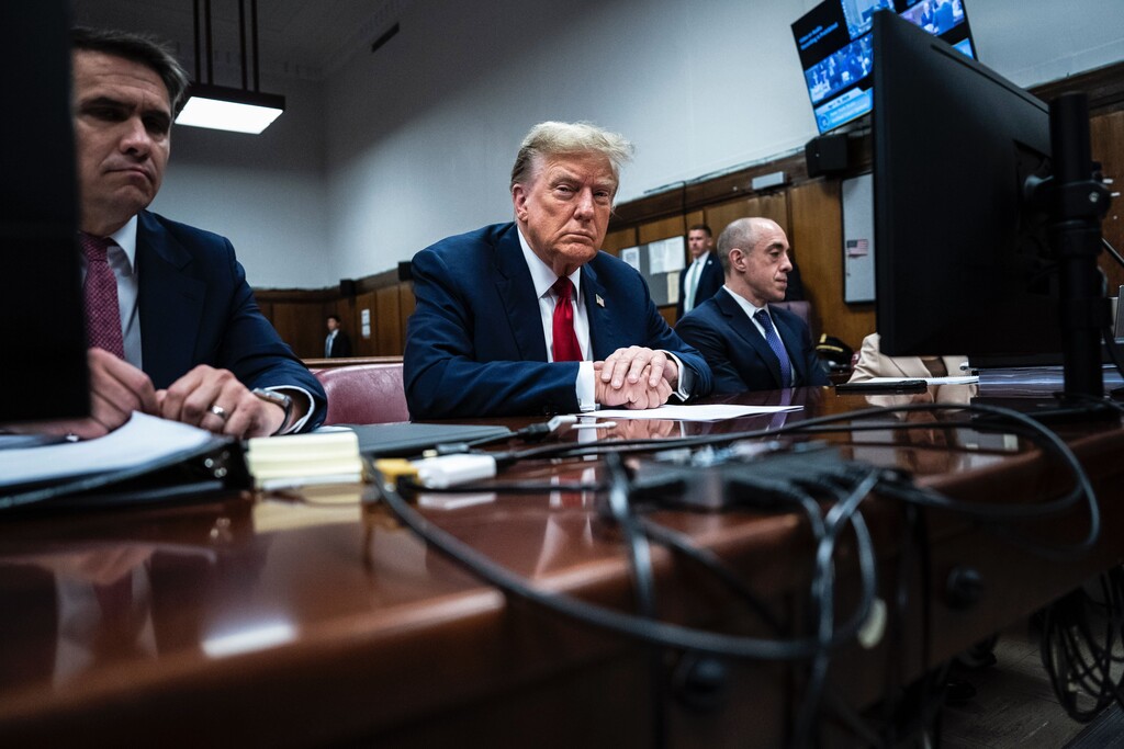 (Jabin Botsford | The Associated Press) Former President Donald Trump sits in Manhattan criminal court with his legal team ahead of the start of jury selection in New York, Monday, April 15, 2024.