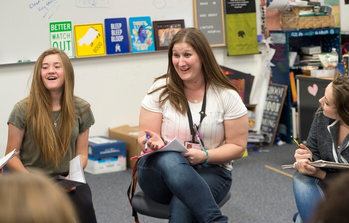(Rick Egan  |  The Salt Lake Tribune)   Kristie Wallace teaches drama at Elk Ridge Middle School in South Jordan, Thursday, April 26, 2018.


