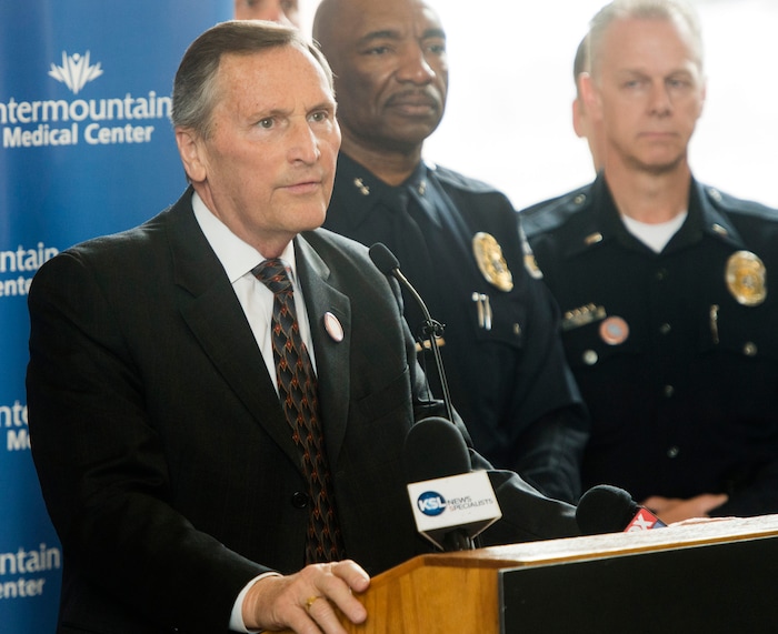 Rick Egan  |  The Salt Lake Tribune

Mayor Ted Eyre of Murray speaks at  Intermountain Medical Center in Murray, about the dangers of underage drinking, as Murray City launches a citywide initiative about the negative consequences of underage drinking on March 31, 2016. Eyre died Aug. 25, 2017, of complications from cancer. Eyre was 71.