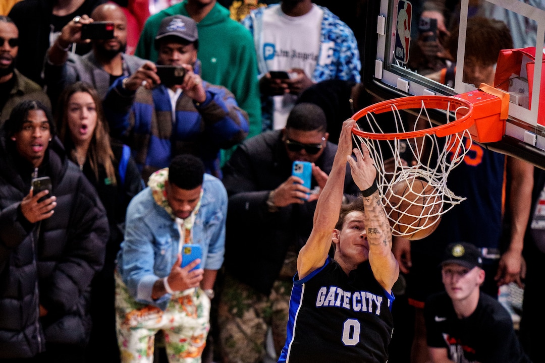 (Trent Nelson  |  The Salt Lake Tribune) Mac McClung, Philadelphia 76ers competes in the Slam Dunk competition as part of NBA All-Star Weekend, in Salt Lake City on Saturday, Feb. 18, 2023.