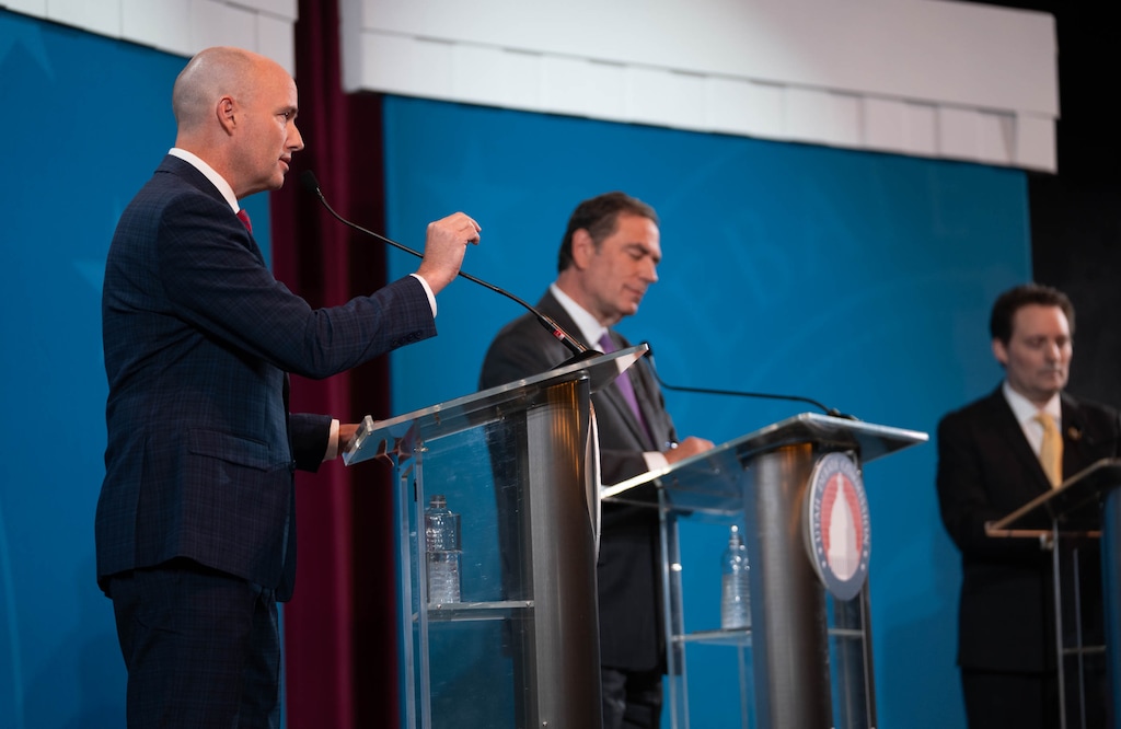 (Francisco Kjolseth | The Salt Lake Tribune) Republican Utah Gov. Spencer Cox, who is running for reelection, debates Democratic challenger state Rep. Brian King and Libertarian opponent Robert Latham, from left, at Salt Lake Community College on Wednesday, Sept. 11, 2024.
