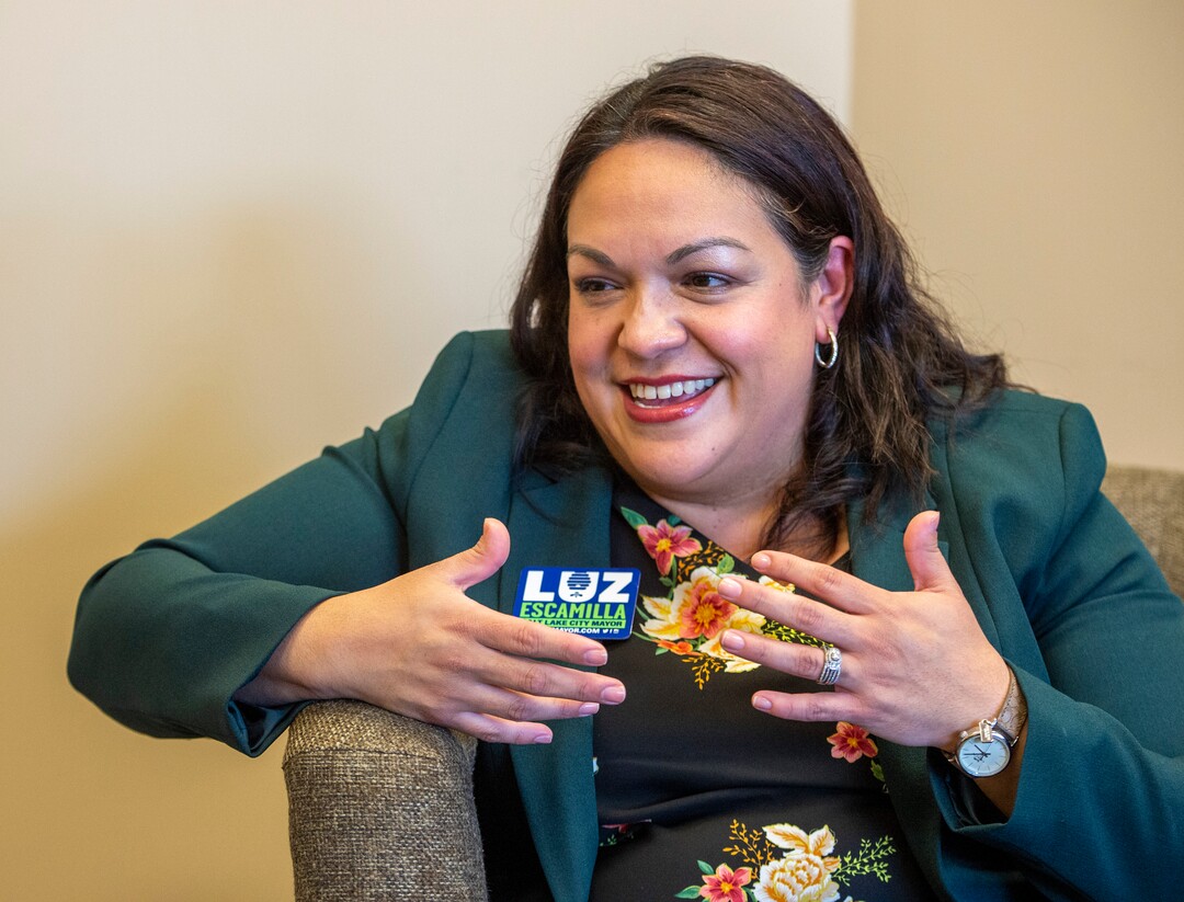 (Rick Egan  |  The Salt Lake Tribune)    Salt Lake City Mayoral candidate, Luz Escamilla talks about the challenges she has faced as as a Utah State Senator, in her campaign headquarters, Monday, Sept. 30, 2019.