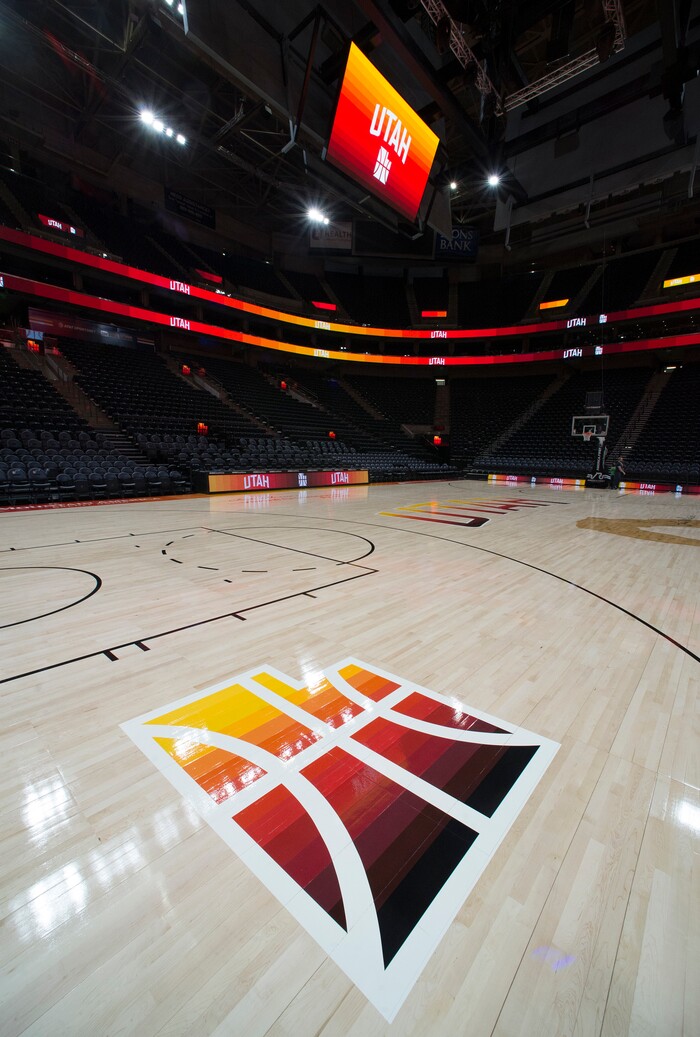 (Rick Egan  |  The Salt Lake Tribune)    The Utah Jazz will play on their new City edition court with their City Edition Uniforms, Tuesday night. Monday, January 29, 2018.