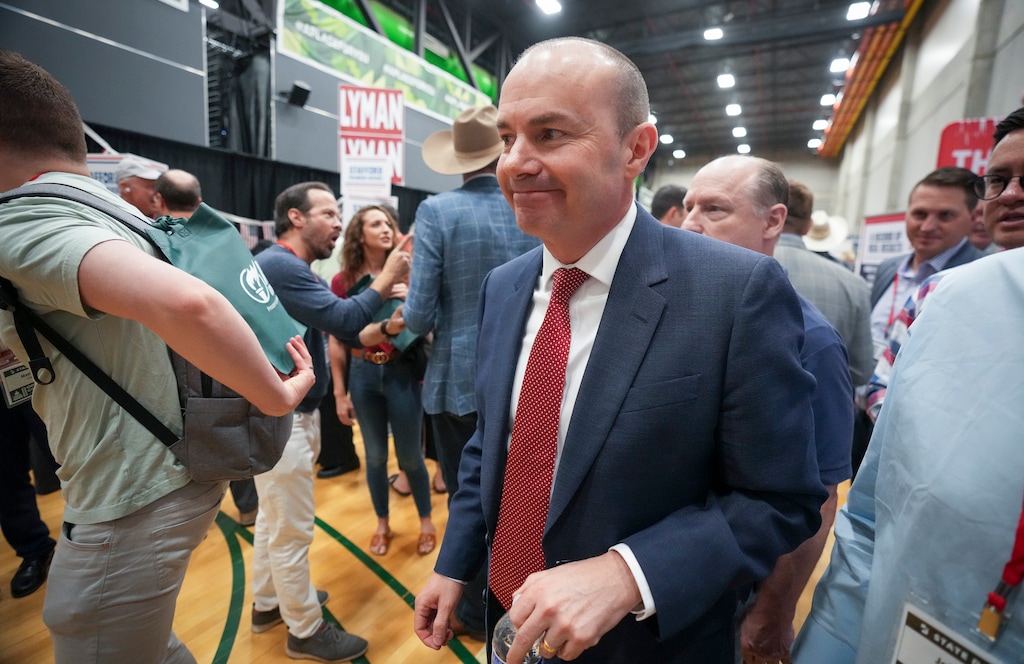 (Bethany Baker  |  The Salt Lake Tribune) U.S. Senator Mike Lee attends the State Organizing Convention for the Utah Republican Party at Utah Valley University in Orem on Saturday, May 17, 2025. 