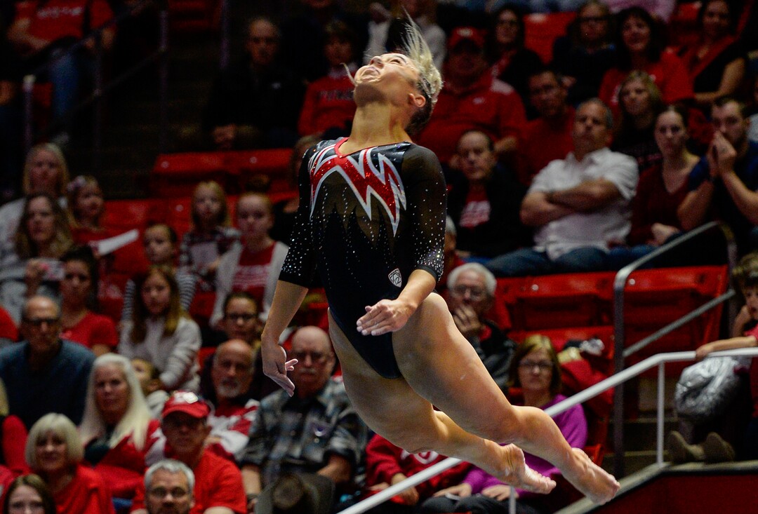 (Leah Hogsten  |  The Salt Lake Tribune) Sydney Soloski performs her floor routine as the University of Utah fifth-ranked gymnastics team hosts No. 12 University of Kentucky during its home opener, Jan. 3, 2020, at the Huntsman Center. Soloski scored a 9.90.