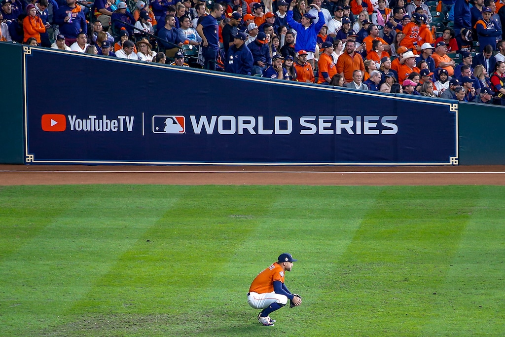 (Eric Gay | AP Photo) Houston Astros center fielder George Springer watches in the outfield during the ninth inning of Game 7 of the baseball World Series against the Washington Nationals Wednesday, Oct. 30, 2019, in Houston.