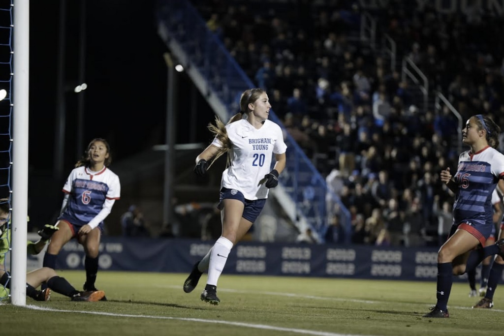 (Photo courtesy of BYU Athletics) BYU's Cameron Tucker moves to clear the ball during a recent Cougar women's soccer game.