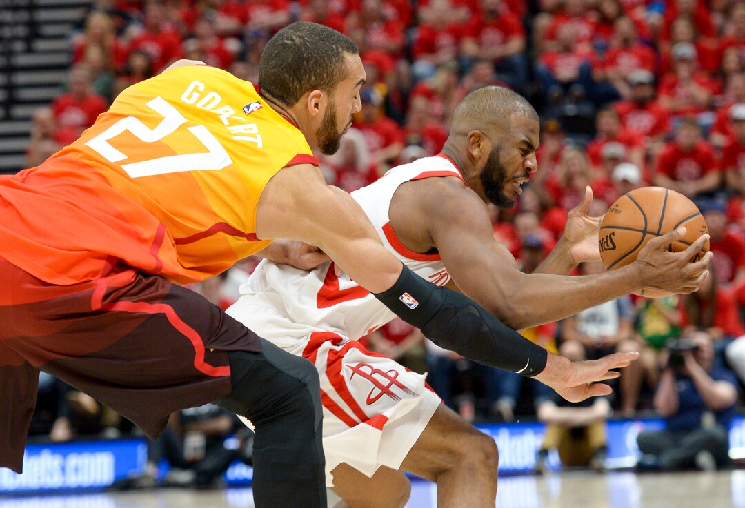 (Leah Hogsten  |  The Salt Lake Tribune)  Houston Rockets guard Chris Paul (3) gets the ball knocked away by Utah Jazz center Rudy Gobert (27).  The Houston Rockets defeated the Utah Jazz 113-92 in Game 3 of an NBA basketball second-round playoff series Friday, May 4, 2018 in Salt Lake City.