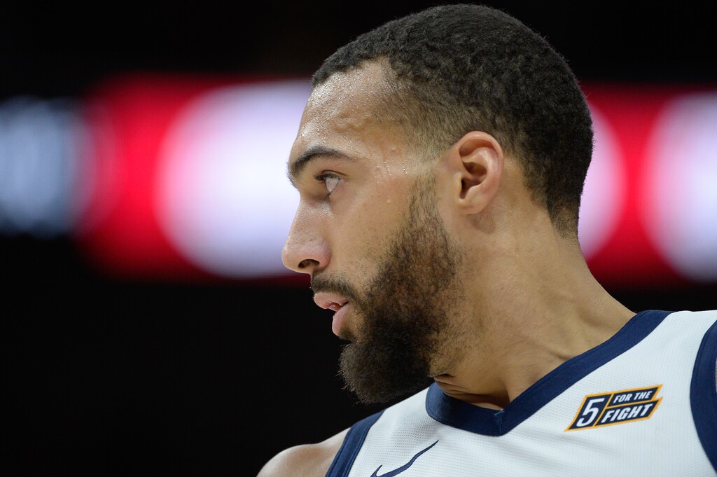 (Francisco Kjolseth  |  The Salt Lake Tribune)  Utah Jazz center Rudy Gobert (27) as the Utah Jazz host the Oklahoma City Thunder in their NBA basketball game at Vivint Smart Home Arena in Salt Lake City on Mon. Dec. 9, 2019.