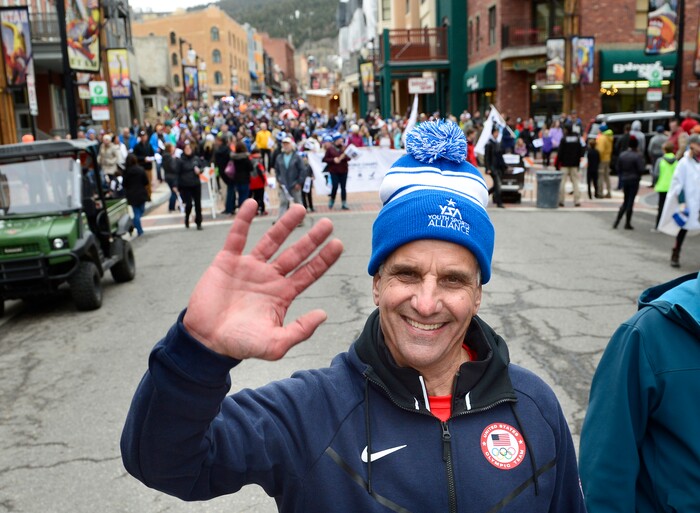 Scott Sommerdorf | The Salt Lake Tribune
Speed Skater Eric Heiden waves at the end of Park City's Olympic and Paralympic parade down Main Street, Friday, April 6, 2018. The parade celebrates the accomplishments of Park City-based Olympians. Heiden won five individual gold medals, and set four Olympic records and one world record at the 1980 Winter Olympic Games.