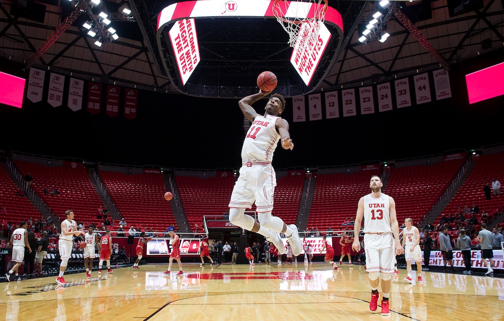 (Leah Hogsten | The Salt Lake Tribune) Utah Utes forward Chris Seeley (11) hits the net during the Utah men's and women's basketball teams, Night with the Utes, Tuesday, Oct. 17, at the Jon M. Huntsman Center.