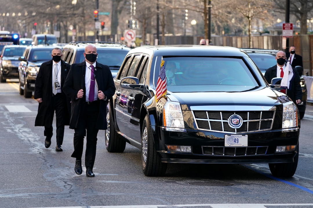 Vice President Kamala Harris, and her husband Doug Emhoff, ride during the Inauguration Day Parade Route in Washington, Wednesday, Jan. 20, 2021, after being sworn in as the 46th vice president of the United States. (AP Photo/Jacquelyn Martin)