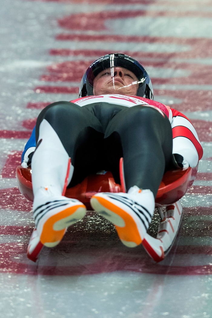 (Chris Detrick | The Salt Lake Tribune) South Jordan's Taylor Morris competes in the Men's Singles luge at the Olympic Sliding Centre during the Pyeongchang 2018 Winter Olympics Saturday, February 10, 2018. Morris finished this run in 15th place with a time of 48.072.