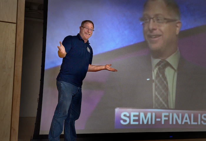 (Scott Sommerdorf | The Salt Lake Tribune)
Real Salt Lake Academy math teacher Steve Mond reacts to his win on the prgram during the watch party at the school, Friday, May 11, 2018, as they showed his performance in the JEOPARDY! Teachers Tournament.
