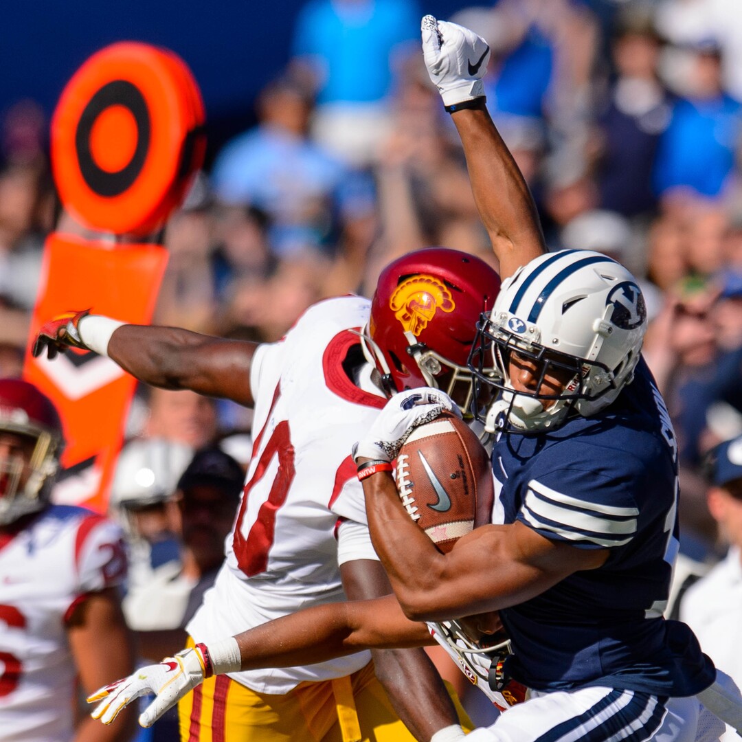 (Trent Nelson  |  The Salt Lake Tribune)  Brigham Young Cougars wide receiver Micah Simon (13) as BYU hosts USC, NCAA football in Provo on Saturday Sept. 14, 2019.