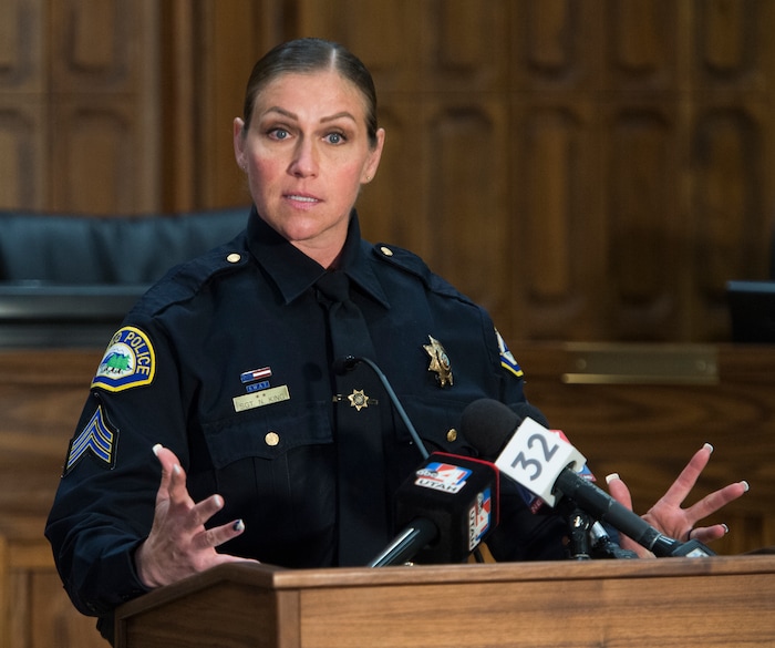 (Rick Egan  |  The Salt Lake Tribune)   Provo police Sgt. Nisha King gives an update on the case of Elizabeth Elena Laguna-Salgado, at the Provo City Council chambers. Three years after her last known sighting in downtown Provo, Laguna-Salgado still remains missing. Friday, April 13, 2018.