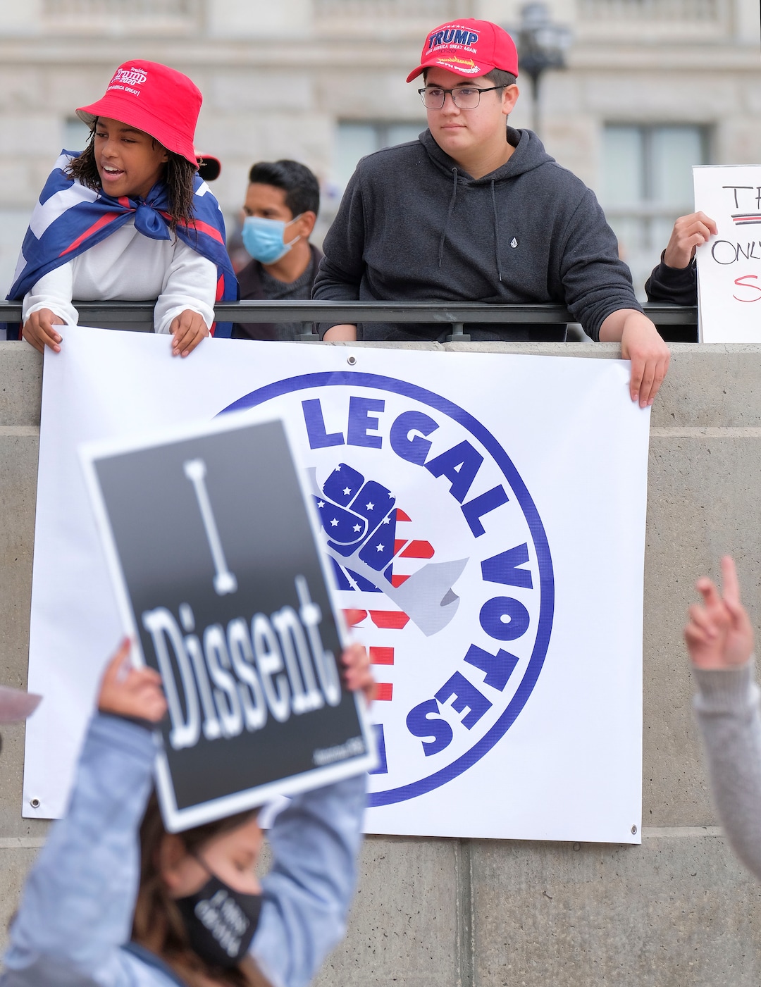 (Leah Hogsten  |  The Salt Lake Tribune) As news broke of former Vice President Joe Biden earning enough Electoral College votes to secure the presidency Saturday, Trump protesters took to the Capitol to denounce the win.