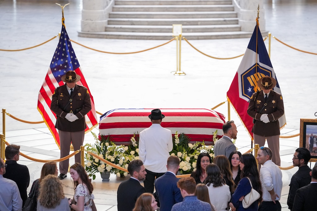 (Chris Samuels | The Salt Lake Tribune) A man views the casket during a viewing for former U.S. Rep. Mia Love at the Capitol in Salt Lake City, Sunday, April 6, 2025.