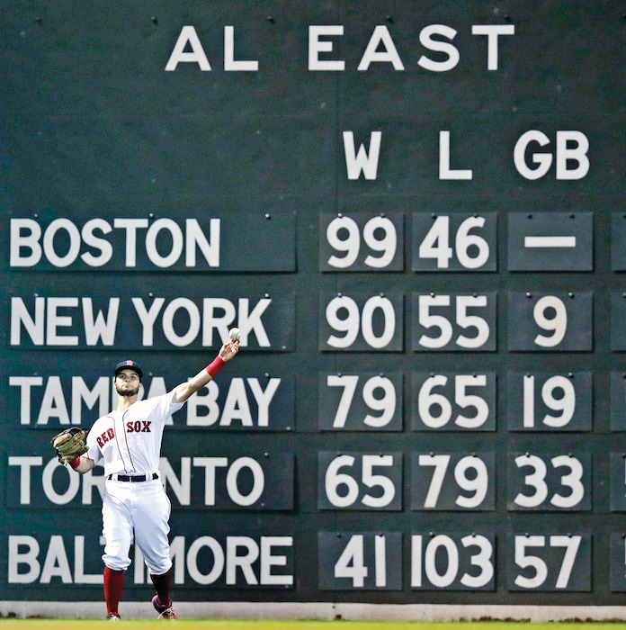 Boston Red Sox left fielder Andrew Benintendi throws the ball to the infield after making the catch on a fly out by Toronto Blue Jays' Teoscar Hernandez during the fifth inning of a baseball game at Fenway Park in Boston, Wednesday, Sept. 12, 2018. (AP Photo/Charles Krupa)