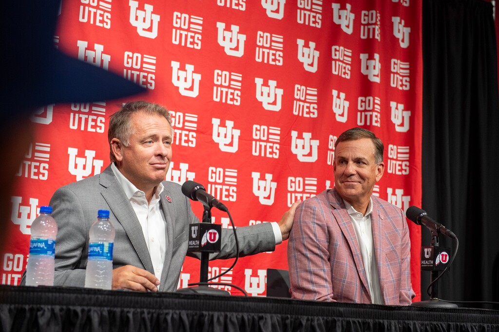 (Chris Samuels | The Salt Lake Tribune) University of Utah president Taylor Randall, left, and athletic director Mark Harlan hold a news conference at Rice-Eccles Stadium after announcing the school’s entrance to the Big 12 Conference, Monday, Aug. 7, 2023.