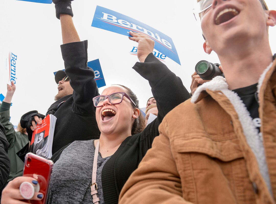 (Leah Hogsten  |  The Salt Lake Tribune) Vermont Sen. Bernie Sanders rallies his supporters at the Utah State Fairpark, Mar. 2, 2020, one day before UtahÕs Super Tuesday primary.