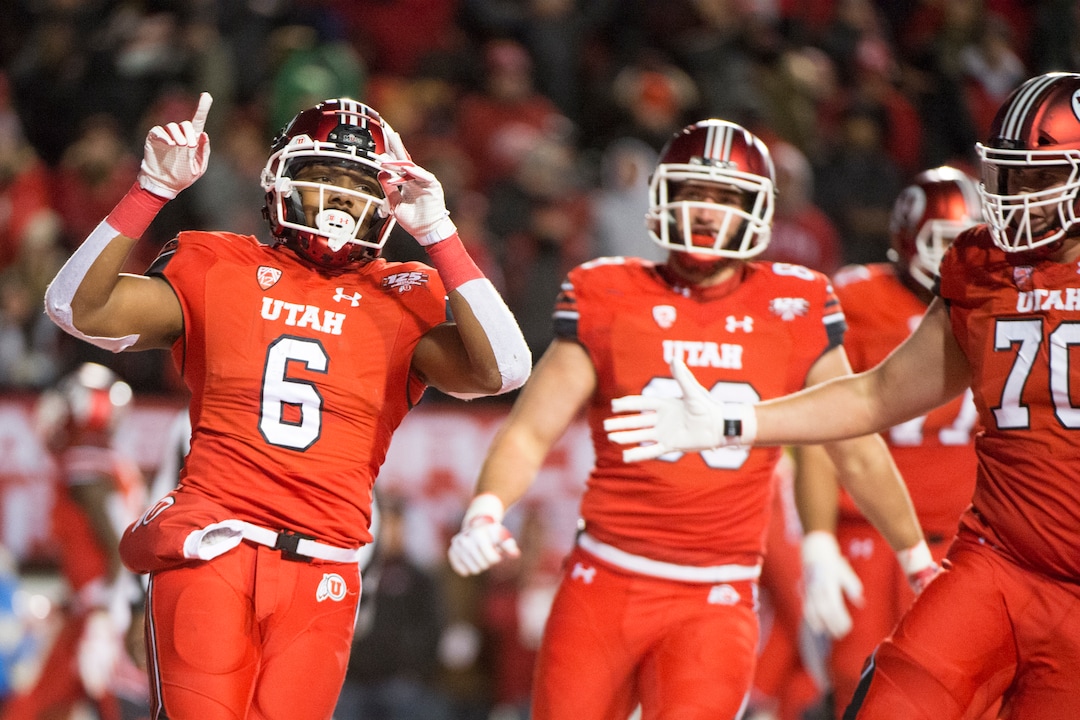 (Rick Egan  |  The Salt Lake Tribune)        Utah Utes running back Armand Shyne (6) celebrates after scoring a touchdown late in the 4th quarter, tying the score at 27-27, in football action between the Brigham Young Cougars and the Utah Utes, at Rice-Eccles Stadium, Saturday, November 24, 2018.
