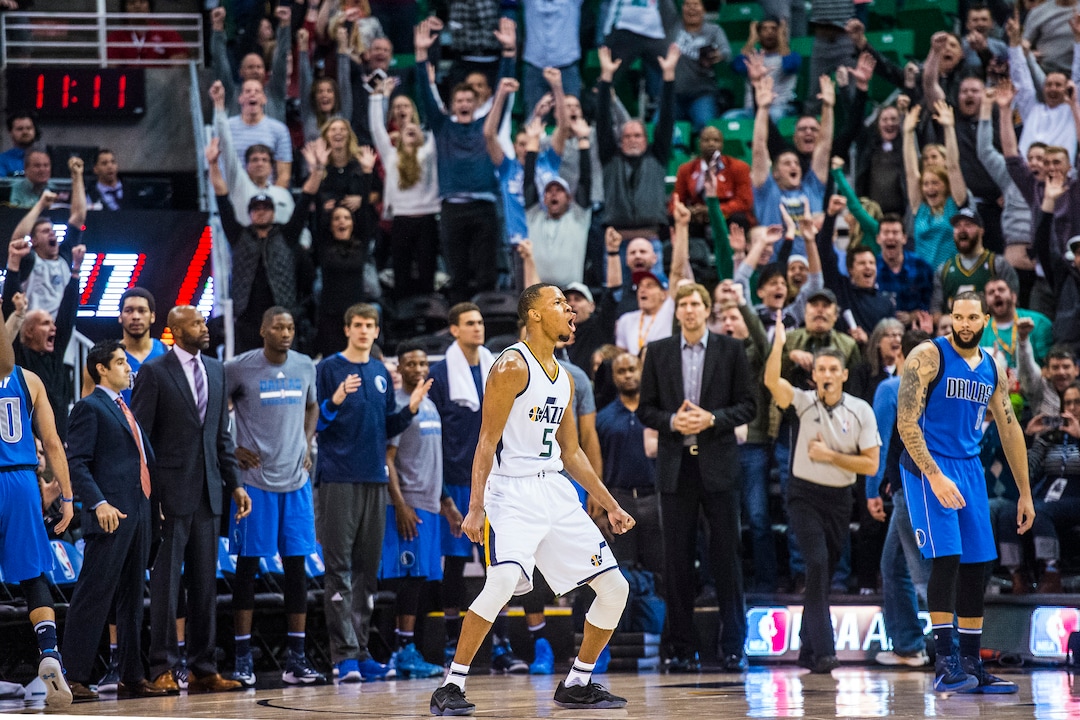 Chris Detrick  |  The Salt Lake TribuneUtah Jazz guard Rodney Hood (5) celebrates after hitting the game-winning three-pointer during the game at Vivint Smart Home Arena Saturday December 17, 2016.  Utah Jazz defeated Dallas Mavericks 103-100.